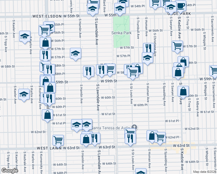 map of restaurants, bars, coffee shops, grocery stores, and more near 3618 West 59th Place in Chicago