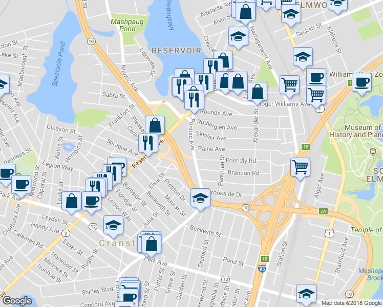 map of restaurants, bars, coffee shops, grocery stores, and more near 95 Pontiac Avenue in Cranston