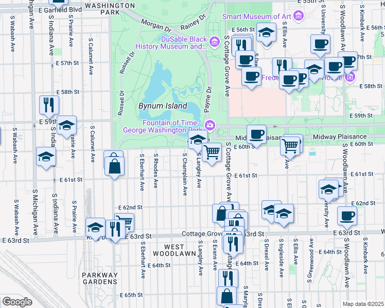 map of restaurants, bars, coffee shops, grocery stores, and more near 6002 South Langley Avenue in Chicago