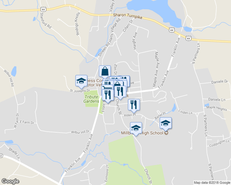 map of restaurants, bars, coffee shops, grocery stores, and more near 3279 Franklin Avenue in Millbrook