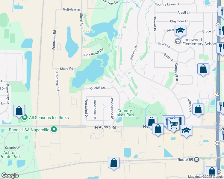 map of restaurants, bars, coffee shops, grocery stores, and more near 2412 Oneida Lane in Naperville