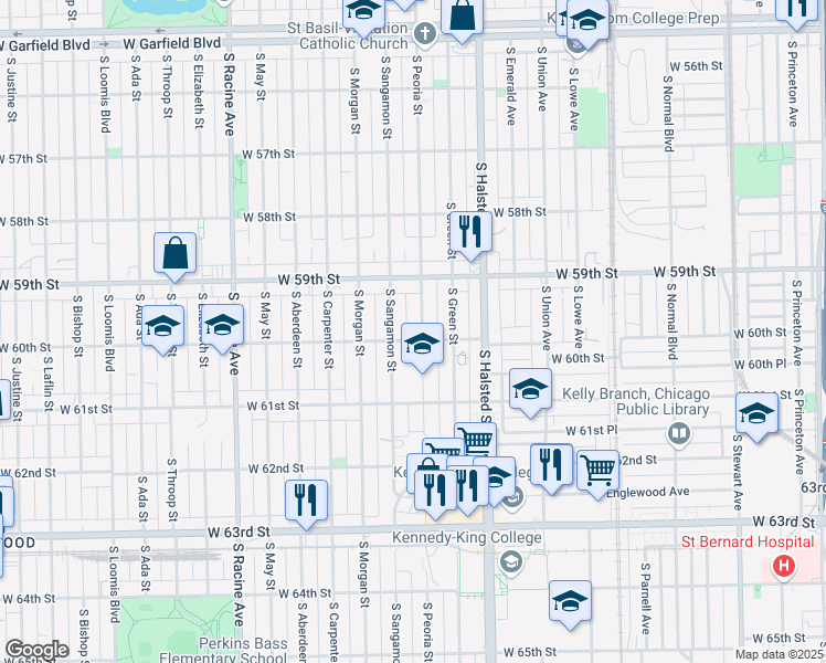 map of restaurants, bars, coffee shops, grocery stores, and more near 5952 South Peoria Street in Chicago