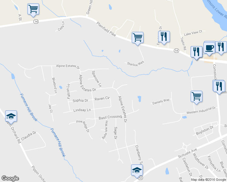 map of restaurants, bars, coffee shops, grocery stores, and more near 152 Alpine Estates Drive in Cranston