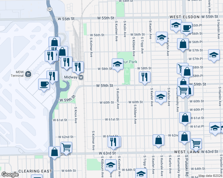 map of restaurants, bars, coffee shops, grocery stores, and more near 5911 South Kenneth Avenue in Chicago