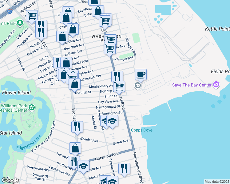 map of restaurants, bars, coffee shops, grocery stores, and more near 220 Northup Street in Cranston