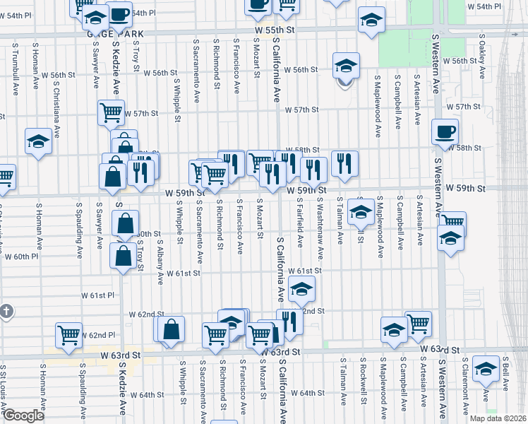 map of restaurants, bars, coffee shops, grocery stores, and more near 5931 South Mozart Street in Chicago