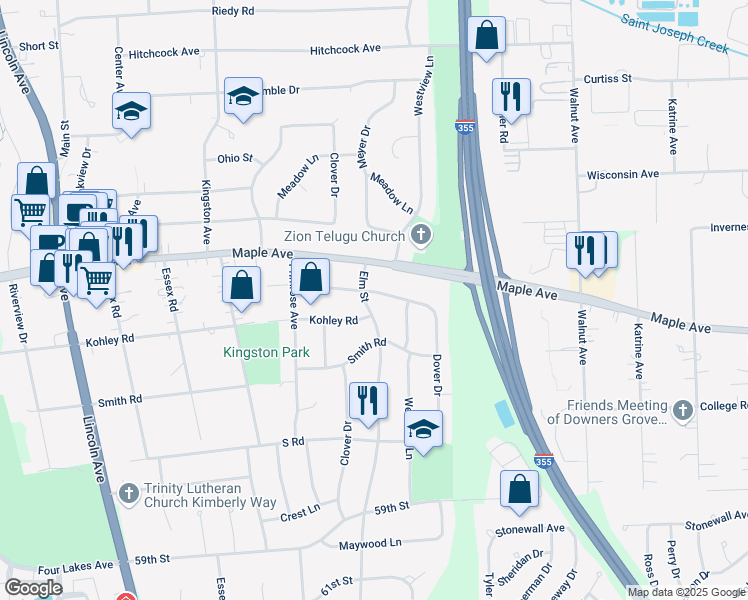 map of restaurants, bars, coffee shops, grocery stores, and more near 573 Columbine Avenue in Lisle