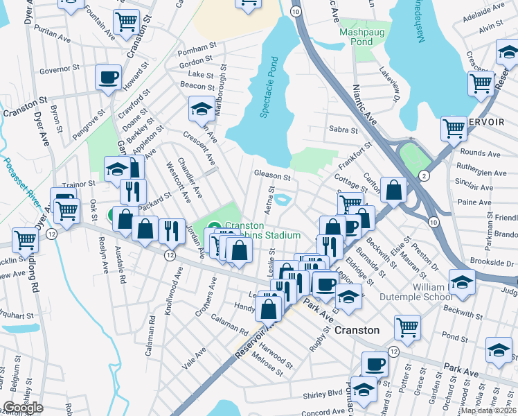 map of restaurants, bars, coffee shops, grocery stores, and more near 56 Caporal St in Cranston