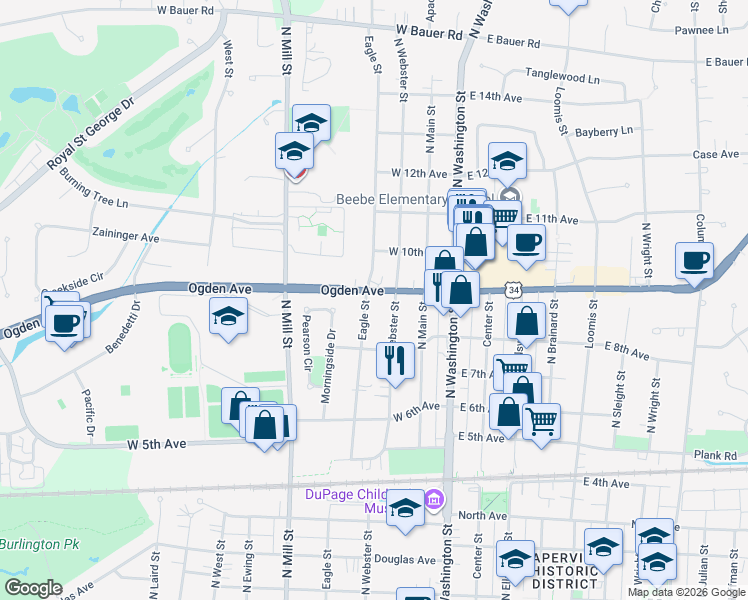 map of restaurants, bars, coffee shops, grocery stores, and more near 856 Eagle Street in Naperville