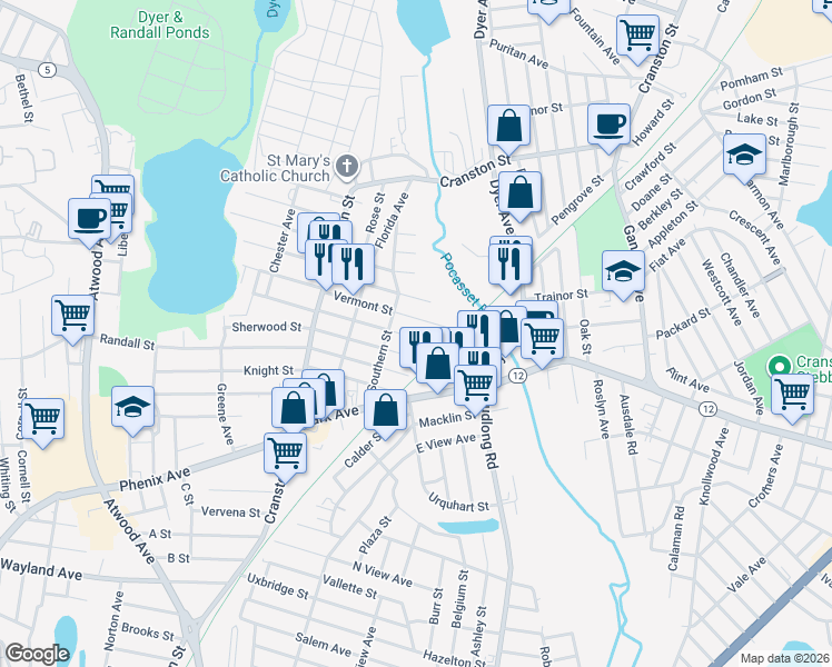map of restaurants, bars, coffee shops, grocery stores, and more near 95 Massachusetts Street in Cranston