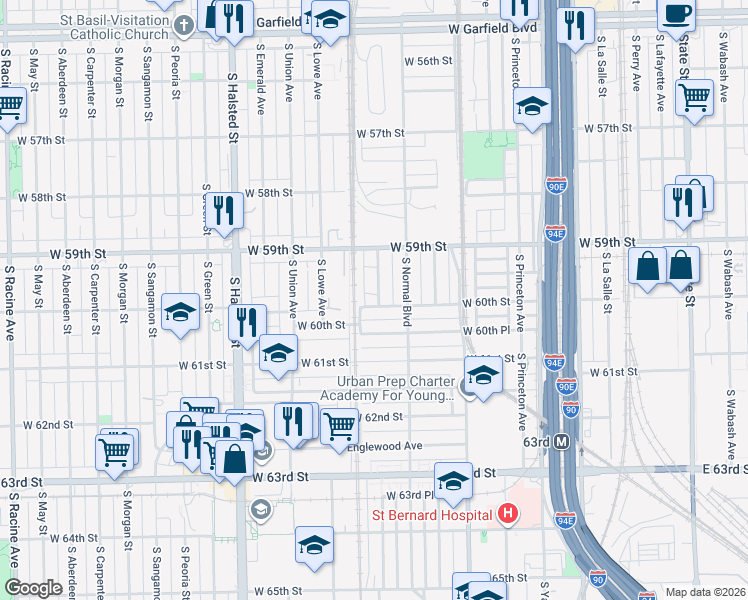 map of restaurants, bars, coffee shops, grocery stores, and more near 534 W 60th St in Chicago