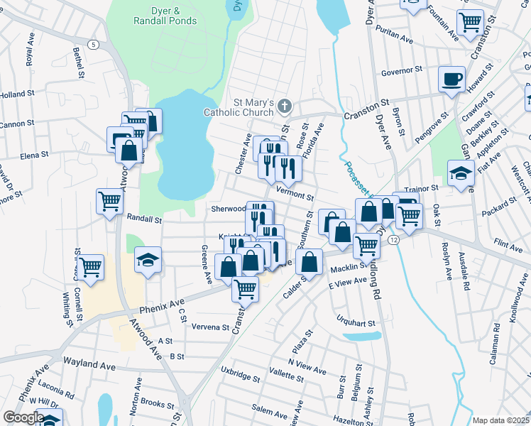 map of restaurants, bars, coffee shops, grocery stores, and more near 1640 Cranston Street in Cranston