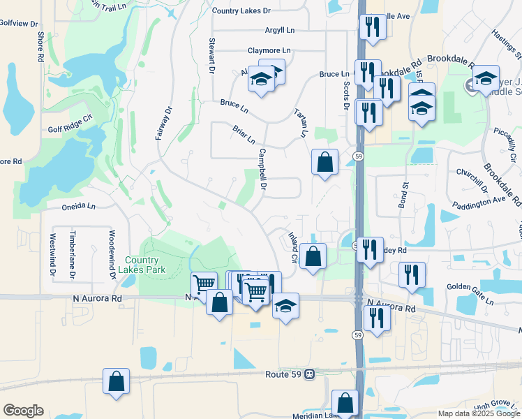 map of restaurants, bars, coffee shops, grocery stores, and more near 950 Campbell Drive in Naperville