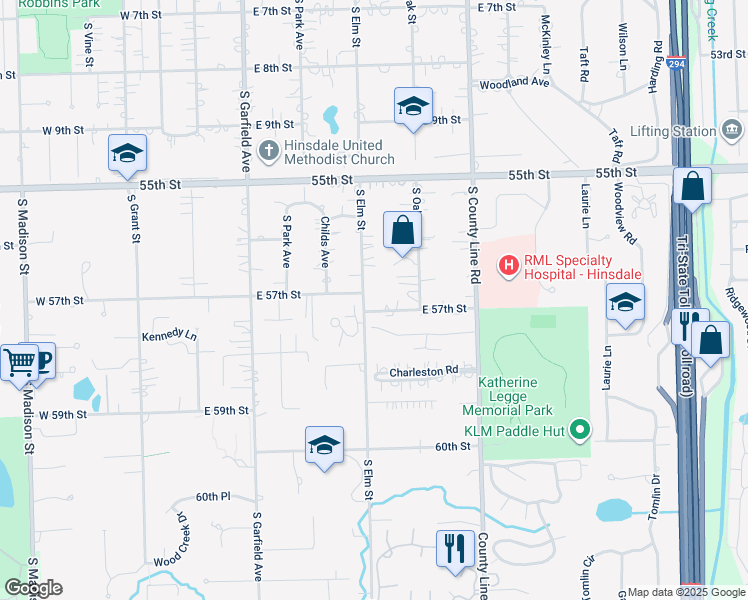 map of restaurants, bars, coffee shops, grocery stores, and more near 5705 South Elm Street in Hinsdale