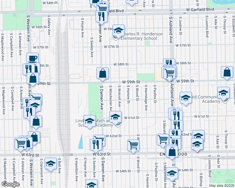 map of restaurants, bars, coffee shops, grocery stores, and more near 5938 South Wolcott Avenue in Chicago