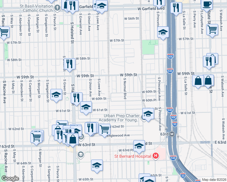 map of restaurants, bars, coffee shops, grocery stores, and more near 534 West 60th Street in Chicago