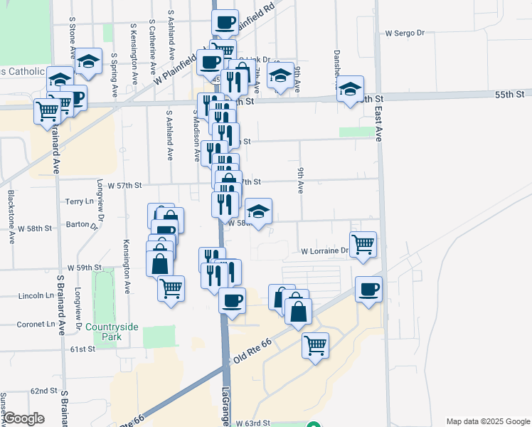 map of restaurants, bars, coffee shops, grocery stores, and more near 9900 West 58th Street in Countryside