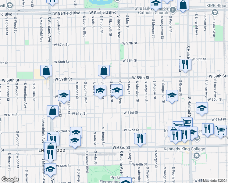 map of restaurants, bars, coffee shops, grocery stores, and more near 5949 South Elizabeth Street in Chicago