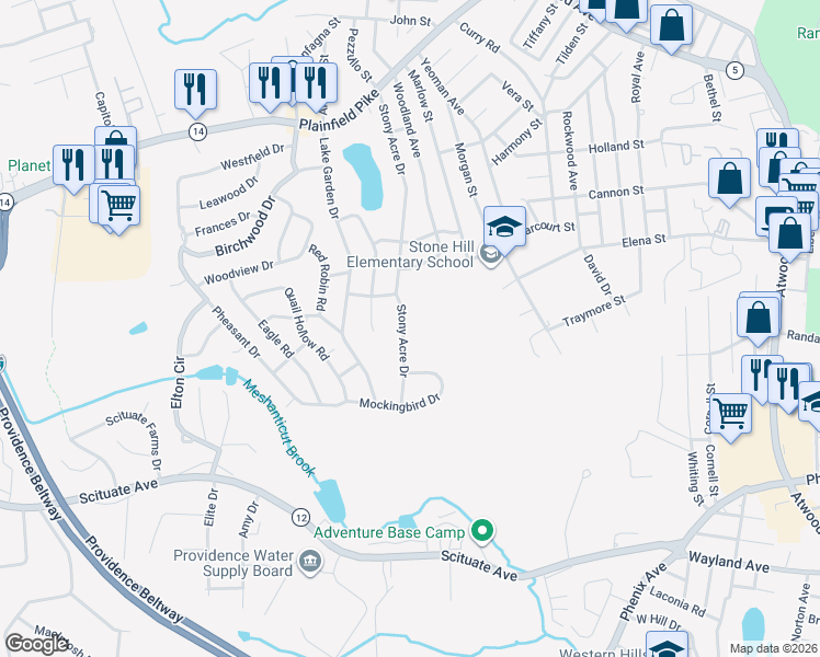 map of restaurants, bars, coffee shops, grocery stores, and more near 244 Stony Acre Drive in Cranston