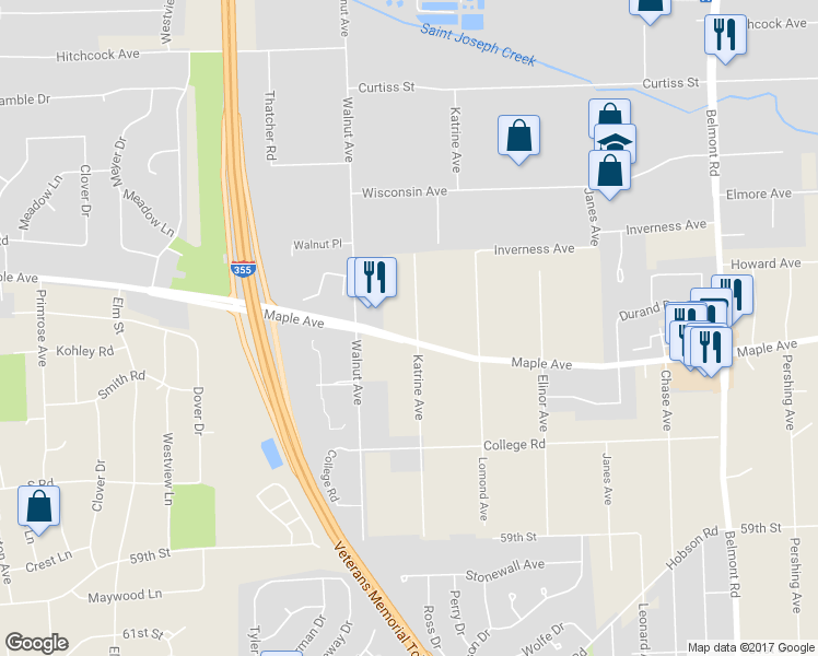 map of restaurants, bars, coffee shops, grocery stores, and more near 2600 Maple Avenue in Downers Grove