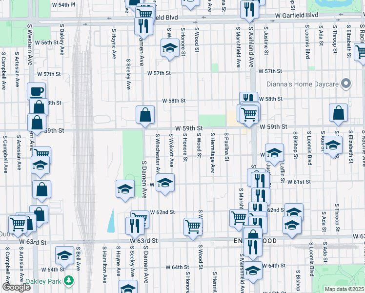 map of restaurants, bars, coffee shops, grocery stores, and more near 5938 South Honore Street in Chicago
