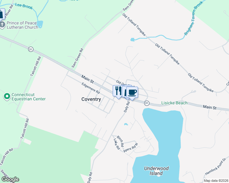 map of restaurants, bars, coffee shops, grocery stores, and more near 2478 Main Street in Coventry