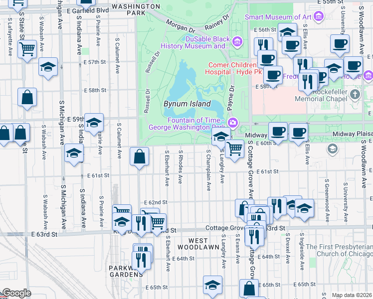 map of restaurants, bars, coffee shops, grocery stores, and more near 539 East 60th Street in Chicago