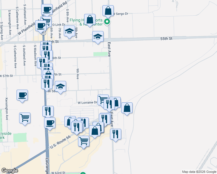 map of restaurants, bars, coffee shops, grocery stores, and more near 9618 West 58th Street in Countryside