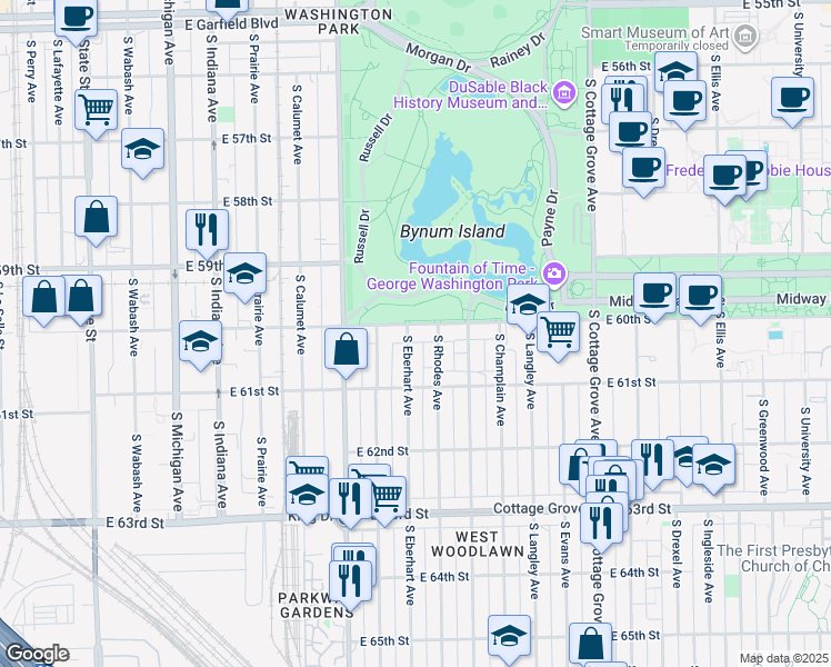map of restaurants, bars, coffee shops, grocery stores, and more near 6006 South Eberhart Avenue in Chicago