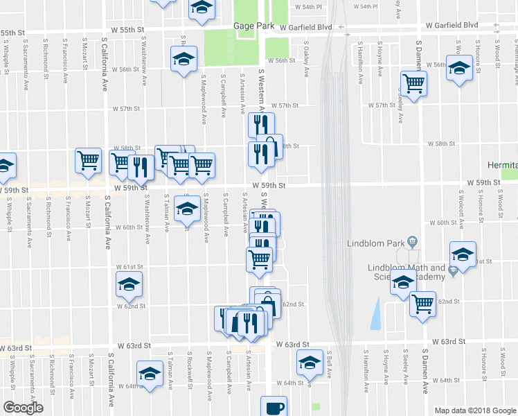 map of restaurants, bars, coffee shops, grocery stores, and more near 5936 South Western Avenue in Chicago