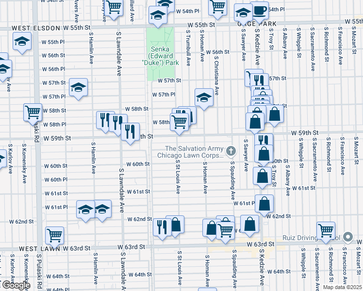 map of restaurants, bars, coffee shops, grocery stores, and more near 3508 West 59th Place in Chicago