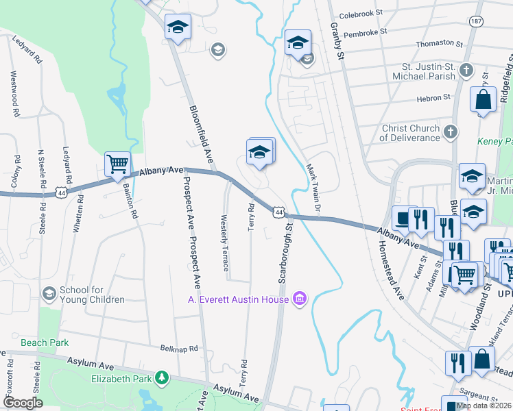map of restaurants, bars, coffee shops, grocery stores, and more near 260 Terry Road in Hartford