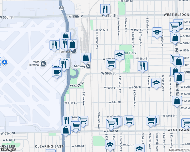 map of restaurants, bars, coffee shops, grocery stores, and more near 5906 South Kolmar Avenue in Chicago