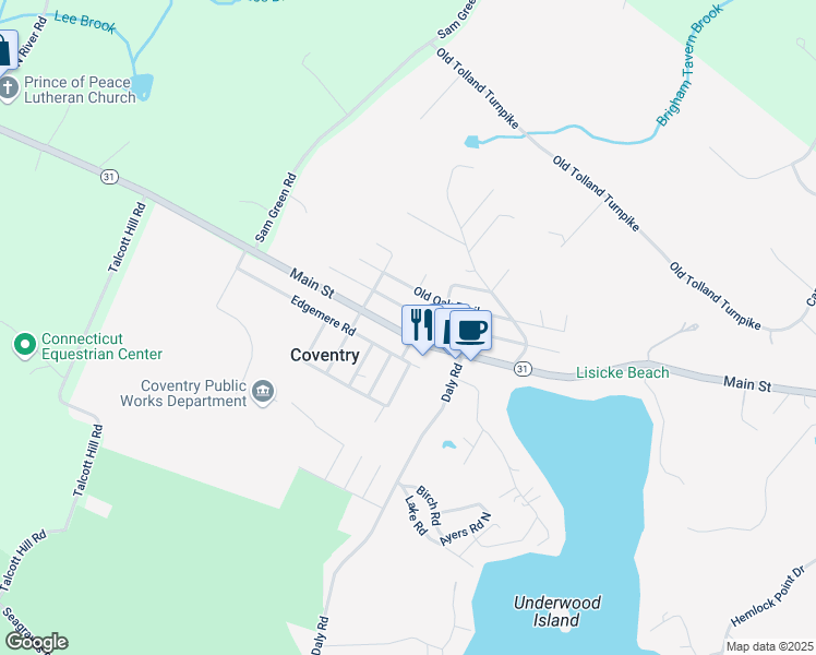 map of restaurants, bars, coffee shops, grocery stores, and more near 2478 Main Street in Coventry