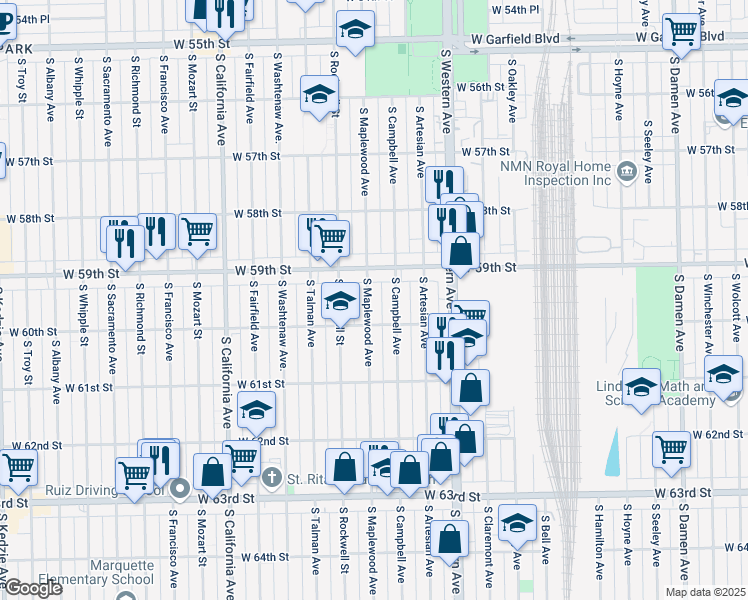 map of restaurants, bars, coffee shops, grocery stores, and more near 5935 South Maplewood Avenue in Chicago