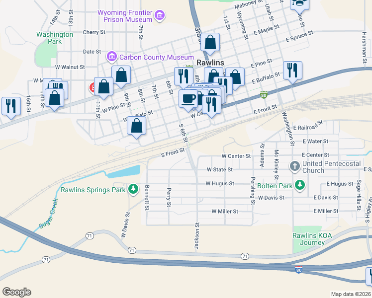 map of restaurants, bars, coffee shops, grocery stores, and more near 627 South Front Street in Rawlins