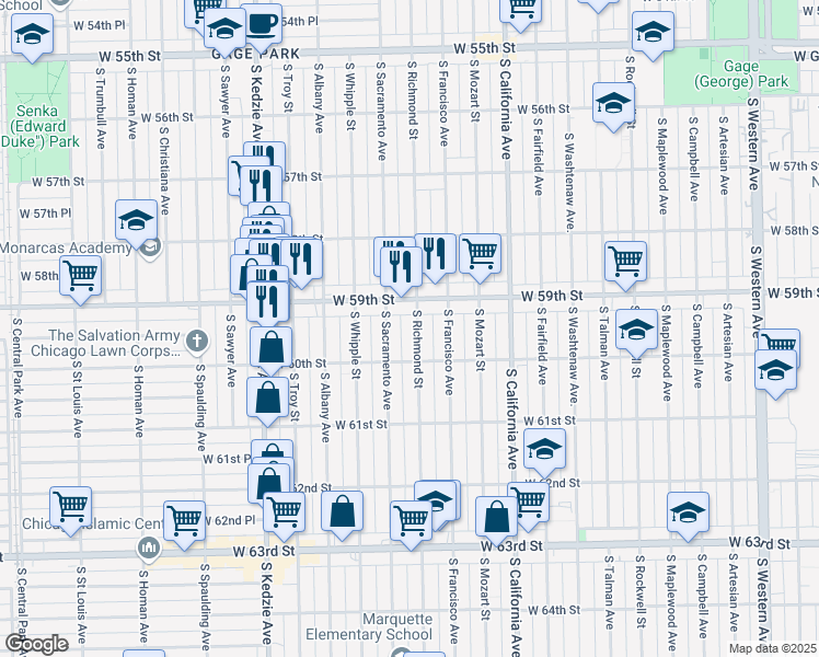 map of restaurants, bars, coffee shops, grocery stores, and more near 5926 S Richmond St in Chicago