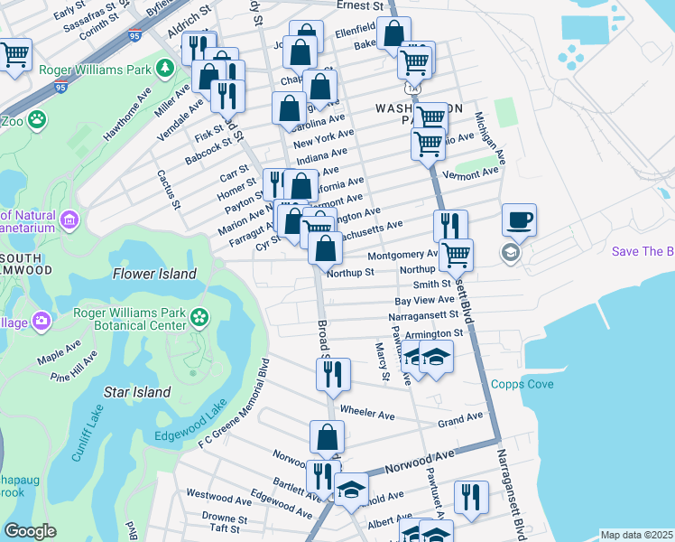 map of restaurants, bars, coffee shops, grocery stores, and more near 377 Northup Street in Cranston