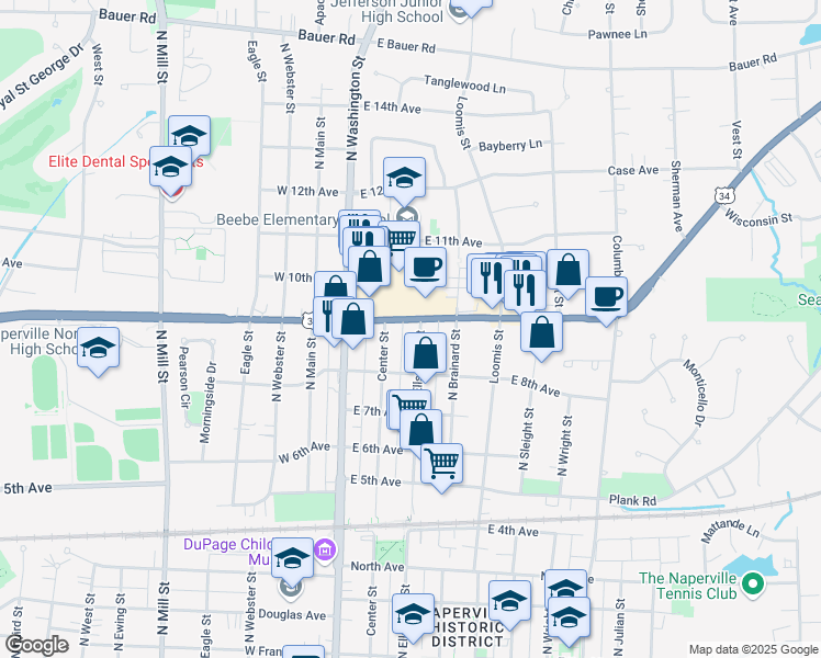 map of restaurants, bars, coffee shops, grocery stores, and more near 168 East Ogden Avenue in Naperville