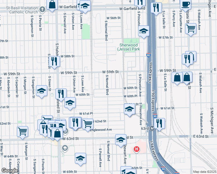 map of restaurants, bars, coffee shops, grocery stores, and more near 454 West 60th Street in Chicago