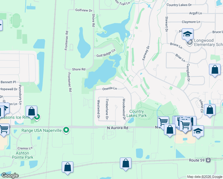 map of restaurants, bars, coffee shops, grocery stores, and more near 2466 Oneida Lane in Naperville