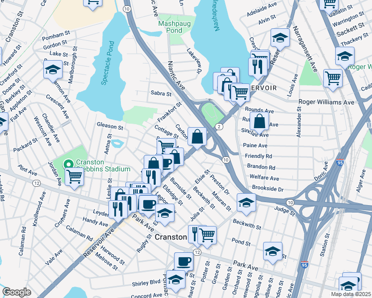 map of restaurants, bars, coffee shops, grocery stores, and more near 9 Sprague Avenue in Cranston