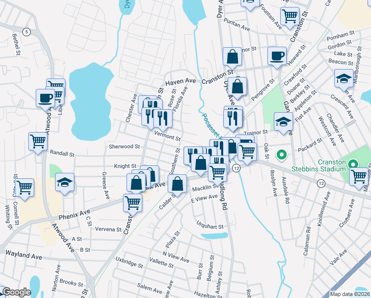 map of restaurants, bars, coffee shops, grocery stores, and more near 95 Massachusetts Street in Cranston