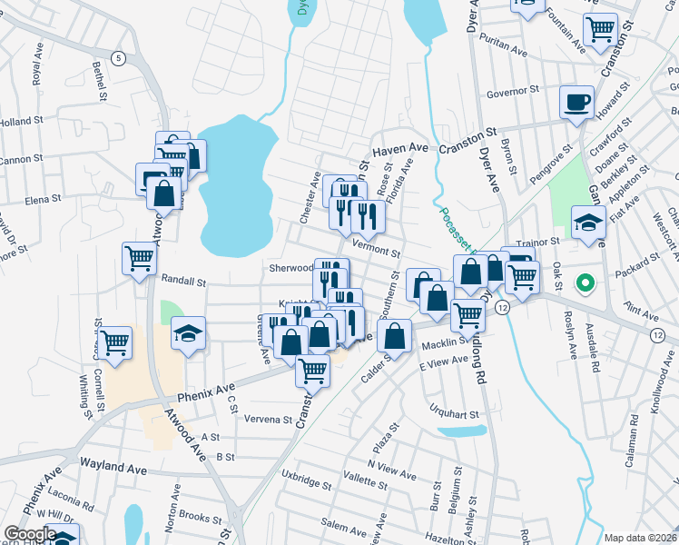 map of restaurants, bars, coffee shops, grocery stores, and more near 1641 Cranston Street in Cranston