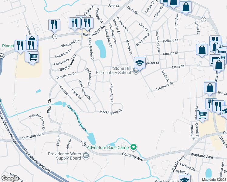 map of restaurants, bars, coffee shops, grocery stores, and more near 244 Stony Acre Drive in Cranston