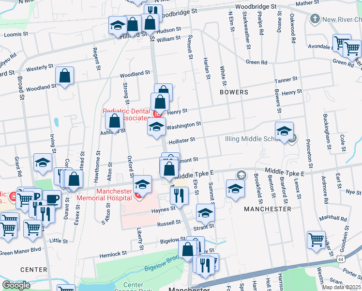 map of restaurants, bars, coffee shops, grocery stores, and more near 36 Hollister Street in Manchester