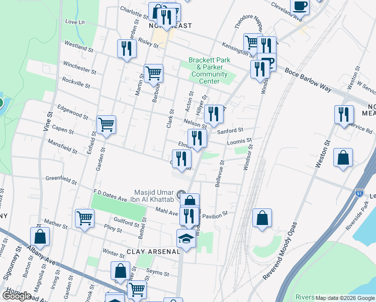 map of restaurants, bars, coffee shops, grocery stores, and more near 21 Elmer Street in Hartford