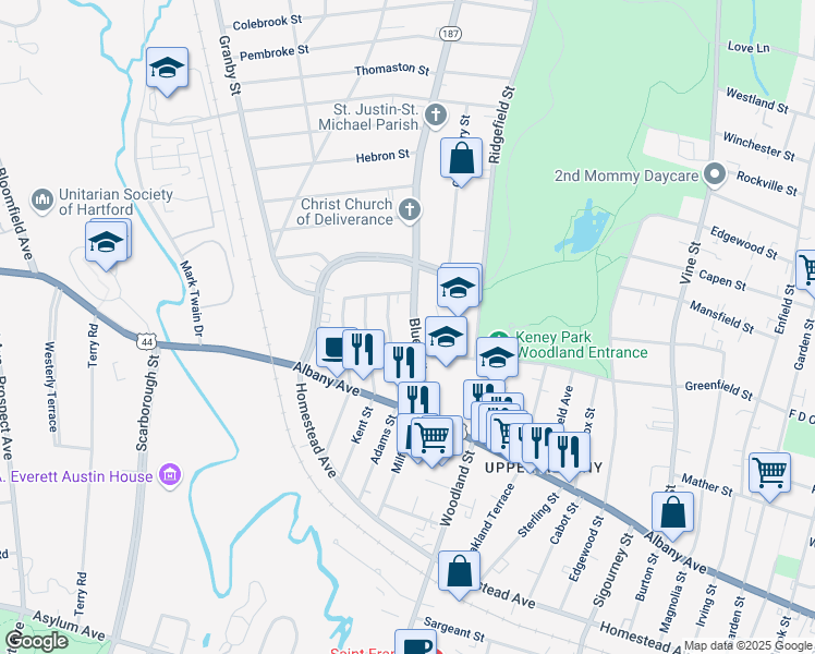map of restaurants, bars, coffee shops, grocery stores, and more near 73 Blue Hills Avenue in Hartford