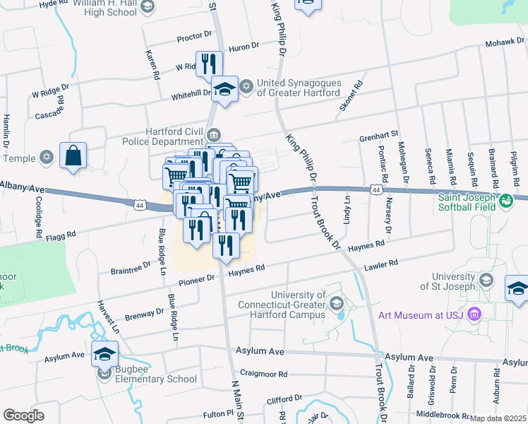 map of restaurants, bars, coffee shops, grocery stores, and more near 61 Sky View Drive in West Hartford