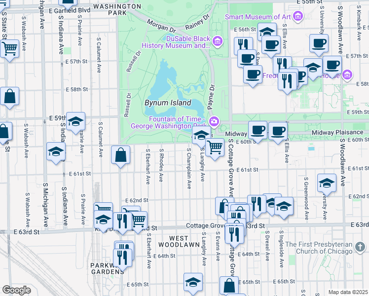 map of restaurants, bars, coffee shops, grocery stores, and more near 607 East 60th Street in Chicago